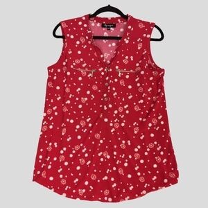 Lily Morgan Sleeveless Floral Top Womens Med Red V Neck Half Button Blouse